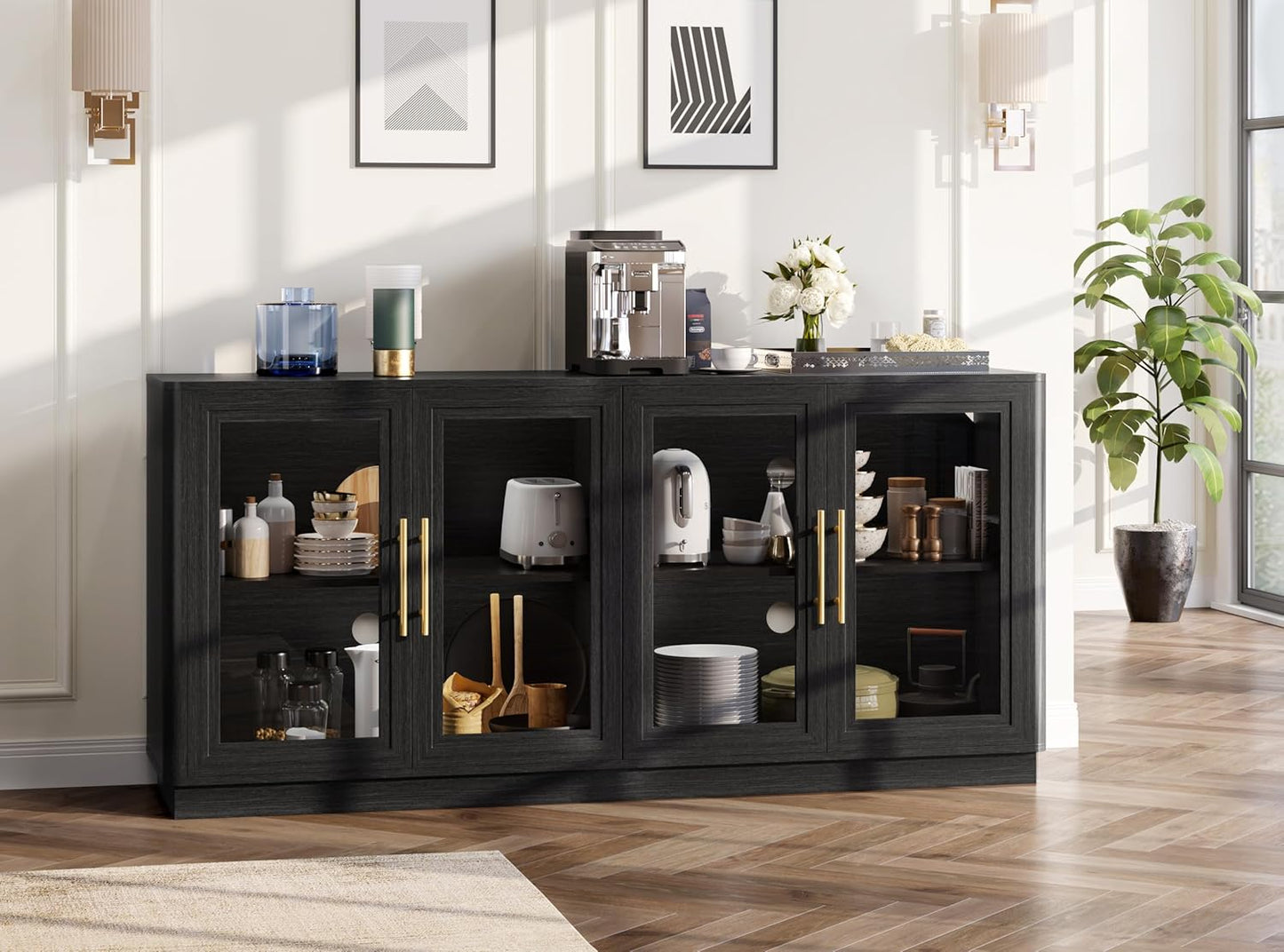 Buffet Cabinet with Storage,63" Large Dining Room Furniture Sideboard Buffet Table with 4 Glass Doors, Glass Display Cabinet,for Kitchen,Modern, Black