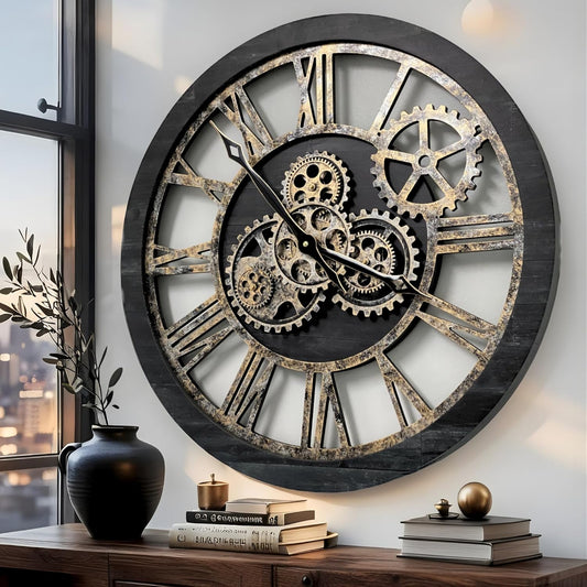 ImprovingLife The Gears Clock The Original Real Moving Gear Wall Clock Vintage Industrial Oversized Rustic Farmhouse (24 inch (60cm), Vintage Black Wood and Bronze)