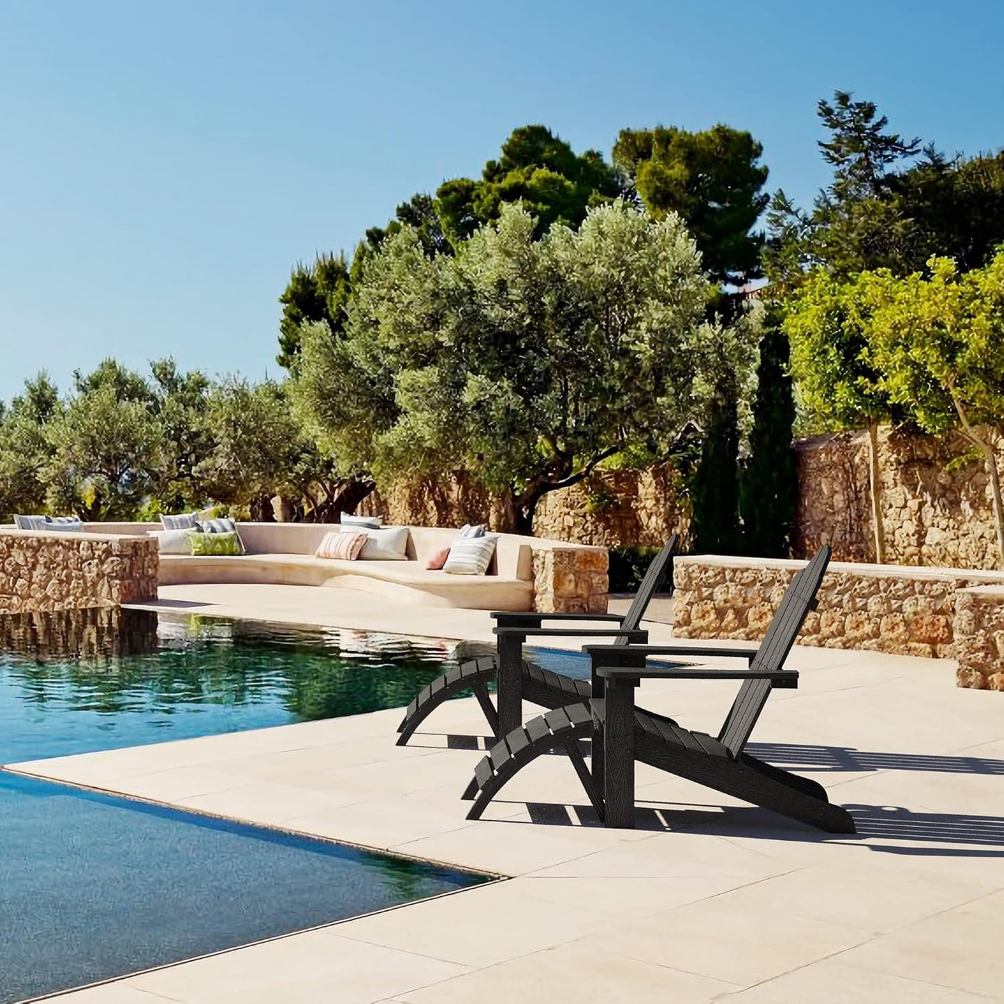 LUE BONA HDPS Adirondack Chairs Set of 4, Fire Pit Outdoor Chair Weather Resistant with Cup Holder, Modern Plastic Chair Plastic for Patio, Deck, Proch, Hotel, Resort, 350LBS, Black