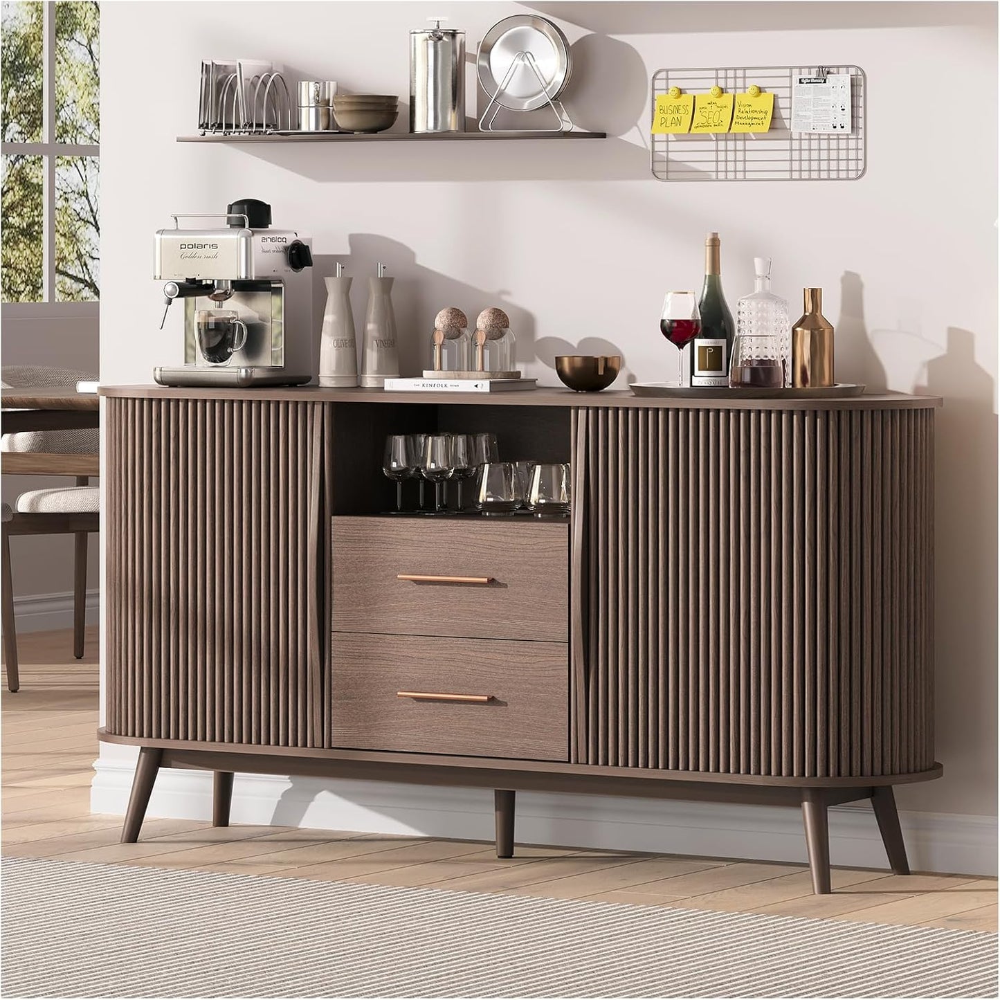 Sideboard Buffet Cabinet with Storage, 63" Large Arched Cabinet with Glass Doors, Mid Century Modern Buffet Table, Black Side Board for Living Room, Entryway, Kitchen