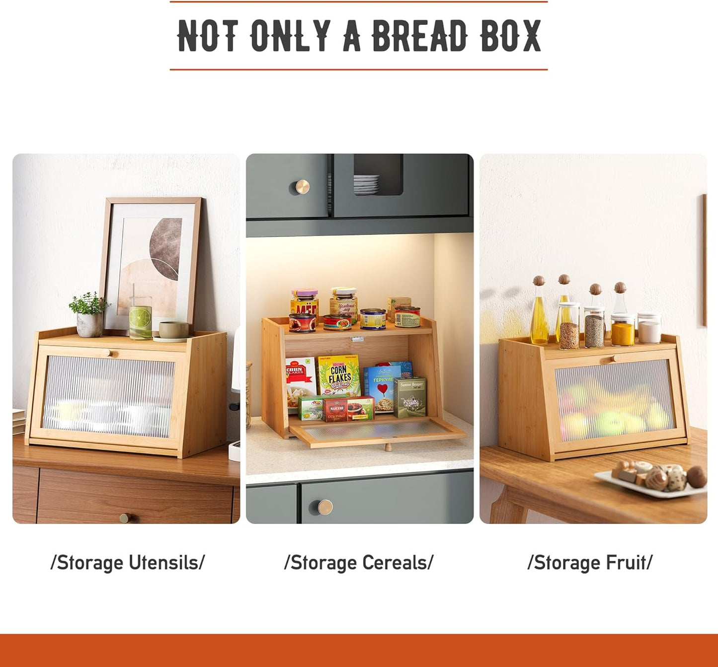 GHWIE Large Bread Box, Easy Access & Cleaning - Bamboo Bread Box for Kitchen Countertop with Acrylic Door (Natural, Medium)