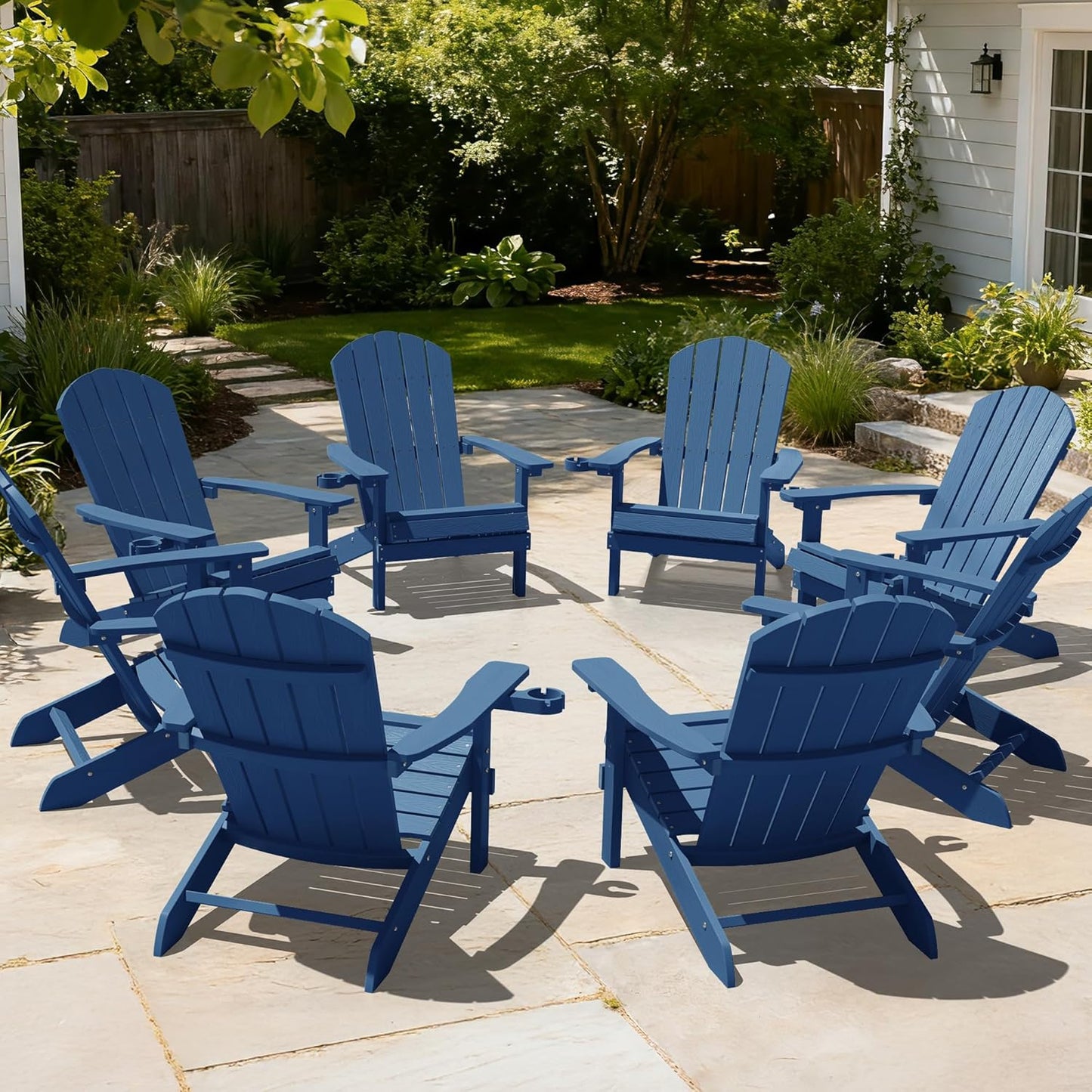 YEFU Adirondack Chairs Set of 2 Plastic Weather Resistant, Outdoor Chairs with Cup Holder, Like Real Wood, Widely Used in Outdoor, Patio, Fire Pit, Deck, Outside, Campfire Chairs (Blue)