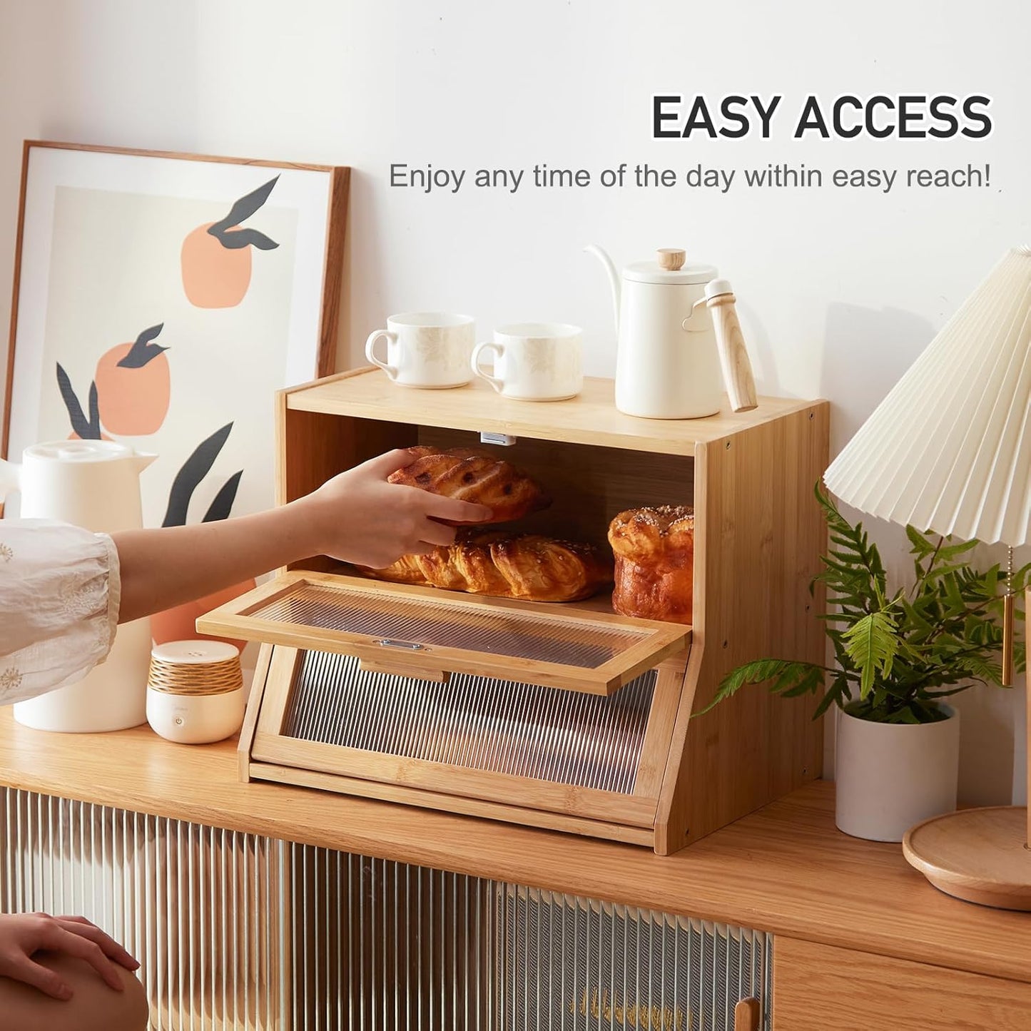 GHWIE Double Layer Bamboo Bread Box for Kitchen Counter,Large Capacity Bread Storage Bin,Bread Container with Acrylic Wavy Door Panel (Natural, Medium)