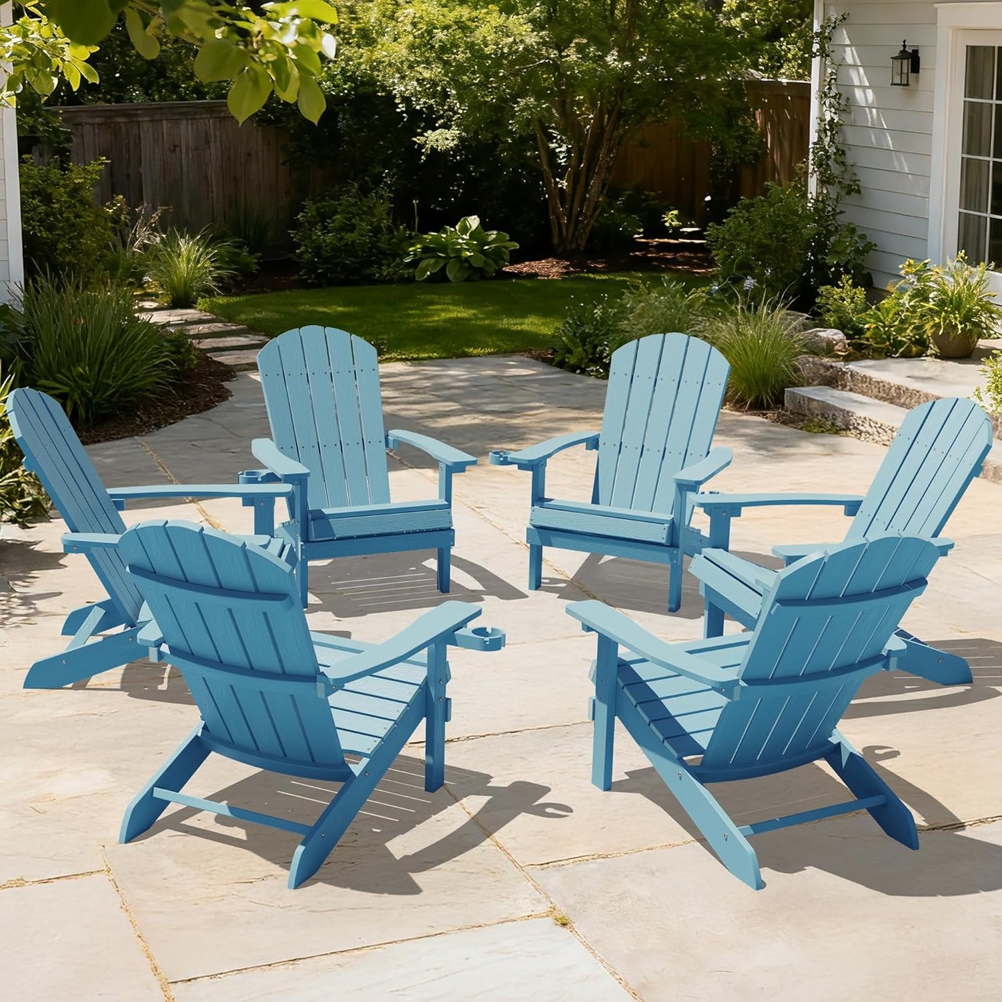 YEFU Adirondack Chairs Set of 2 Plastic Weather Resistant, Outdoor Chairs with Cup Holder, Like Real Wood, Widely Used in Outdoor, Patio, Fire Pit, Deck, Outside, Campfire Chairs (Blue)