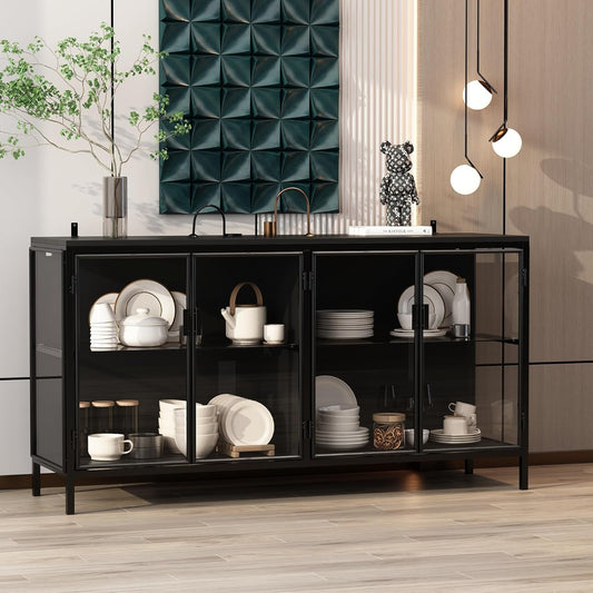 Sideboard Display Cabinet with Lights & 4 Glass Doors, Buffet Sideboard with Glass Shelf, Buffet Storage Cabinet for Living Room Kitchen, Black, 15.7”D x 55.1”W x 29.5”H