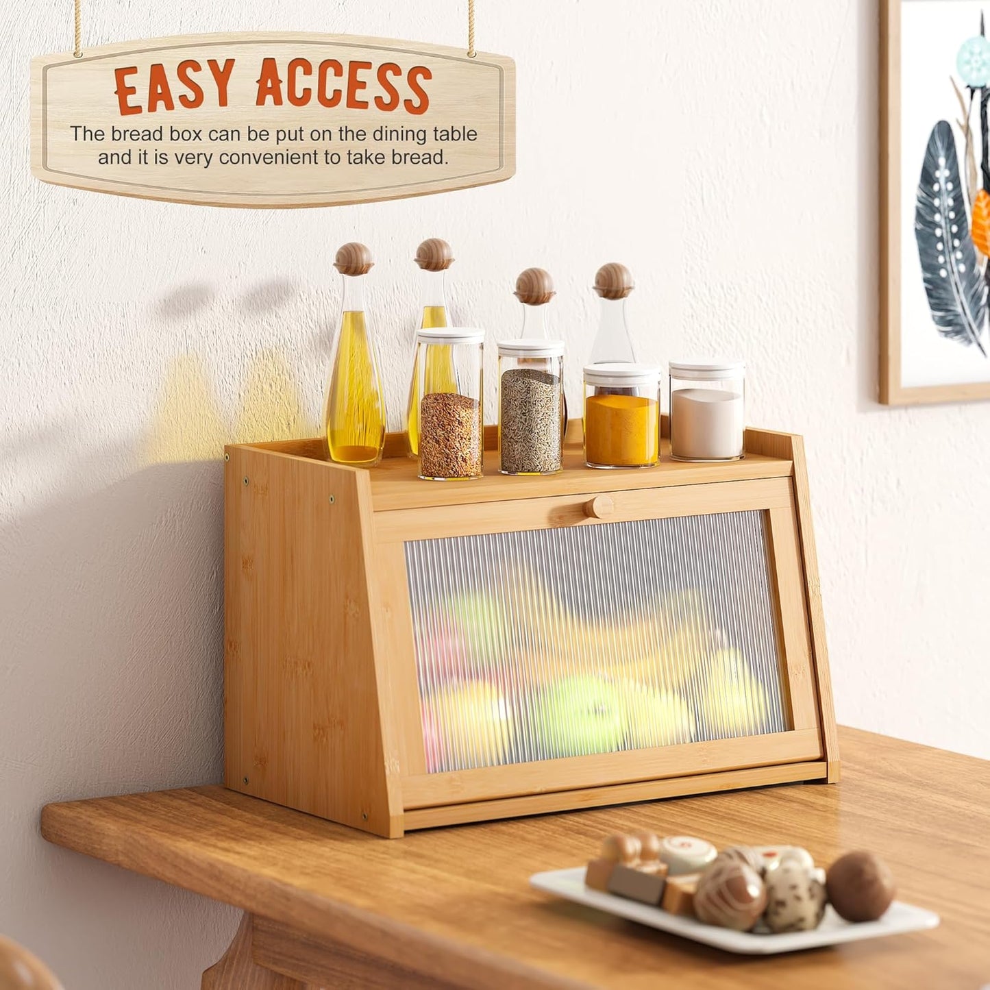 GHWIE Large Bread Box, Easy Access & Cleaning - Bamboo Bread Box for Kitchen Countertop with Acrylic Door (Natural, Medium)