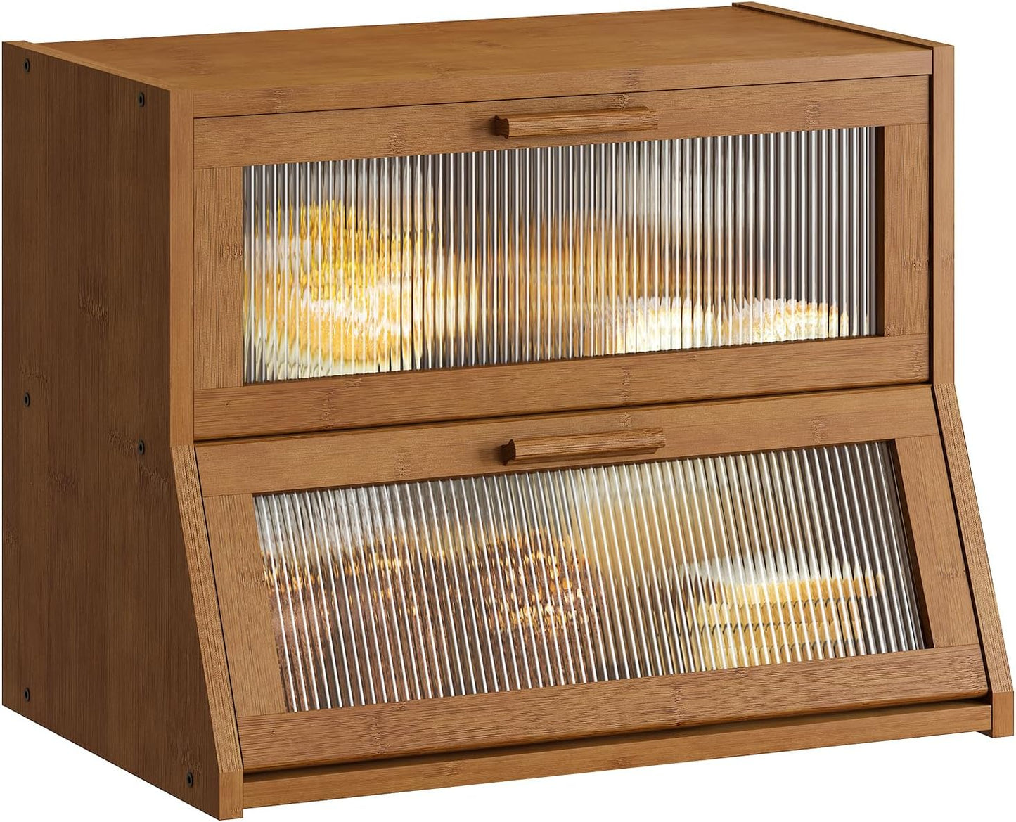 GHWIE Double Layer Bamboo Bread Box for Kitchen Counter,Large Capacity Bread Storage Bin,Bread Container with Acrylic Wavy Door Panel (Natural, Medium)
