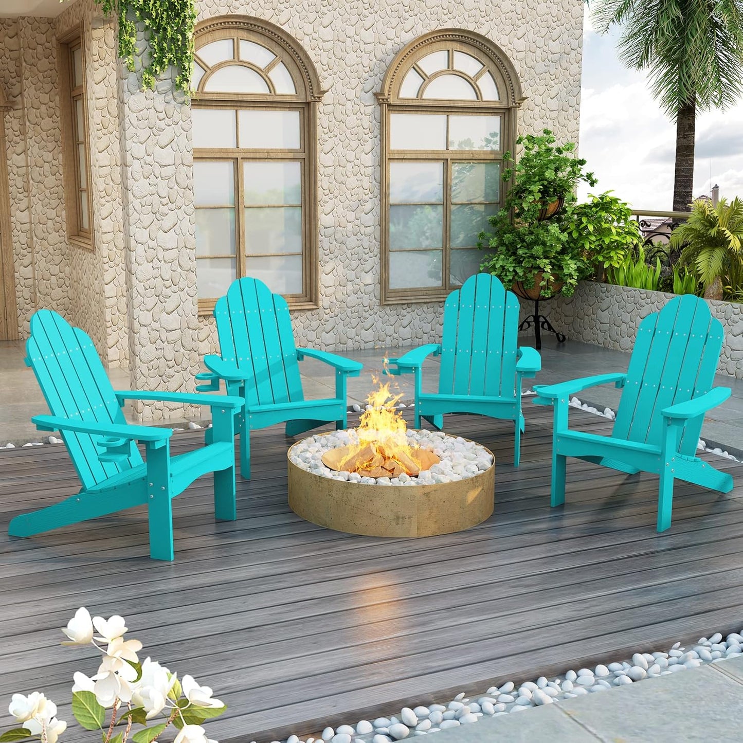 LUE BONA HDPS Adirondack Chairs Set of 4, Fire Pit Outdoor Chair Weather Resistant with Cup Holder, Modern Plastic Chair Plastic for Patio, Deck, Proch, Hotel, Resort, 350LBS, Black