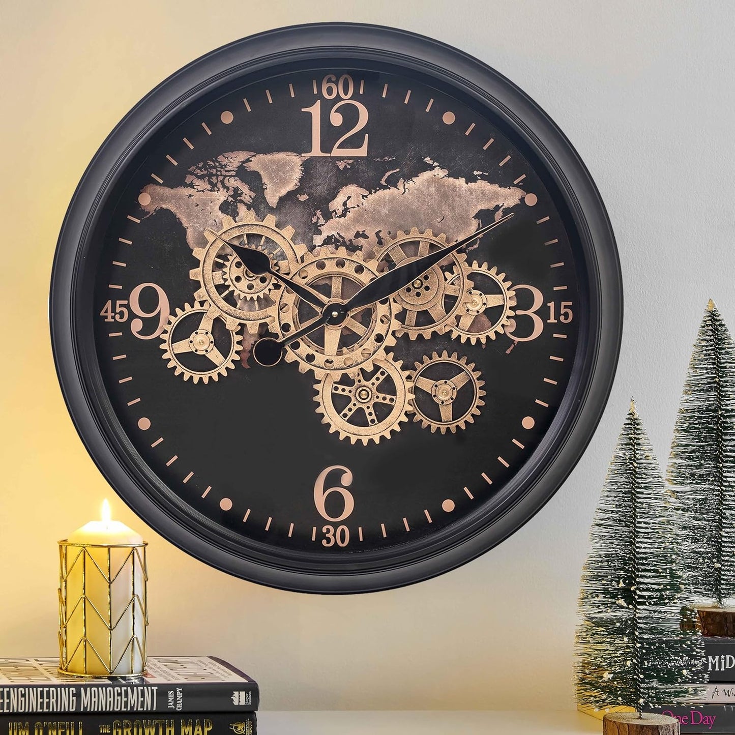 CLXEAST 24 Inch Wall Clock with Moving Gears,Oversized Large Industrial Steampunk Clock, Antique Gold Metal Roman Numeral Wall Clocks for Farmhouse Living Room Decor