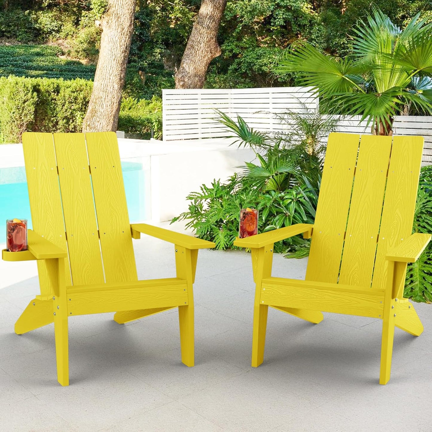 MXIMU Modern Adirondack Chairs Set of 4 Weather Resistant with Cup Holder Oversize Plastic Fire Pit Chairs Plastic Outdoor Chairs for Firepit Area Seating (Black)