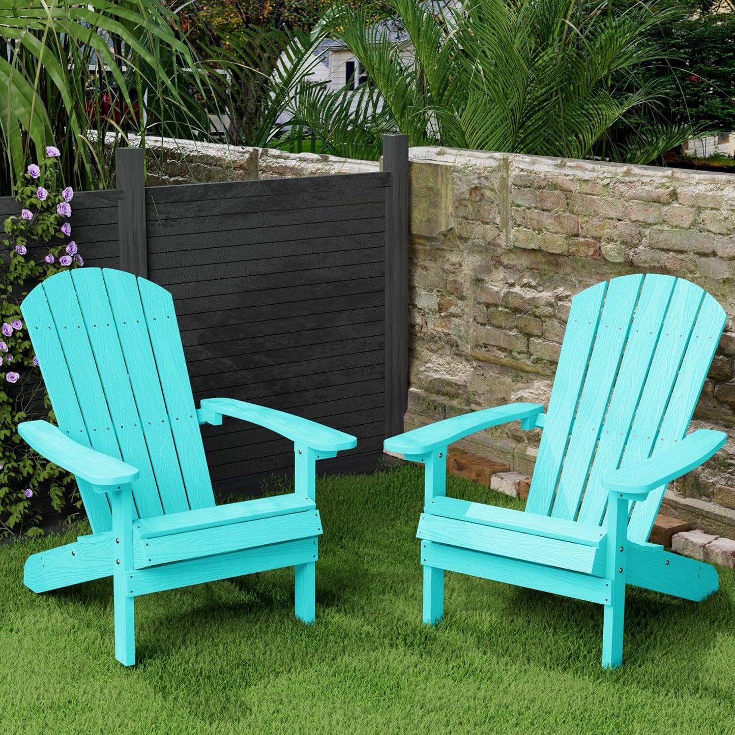 YEFU Adirondack Chairs Set of 2 Plastic Weather Resistant, Outdoor Chairs with Cup Holder, Like Real Wood, Widely Used in Outdoor, Patio, Fire Pit, Deck, Outside, Campfire Chairs (Blue)