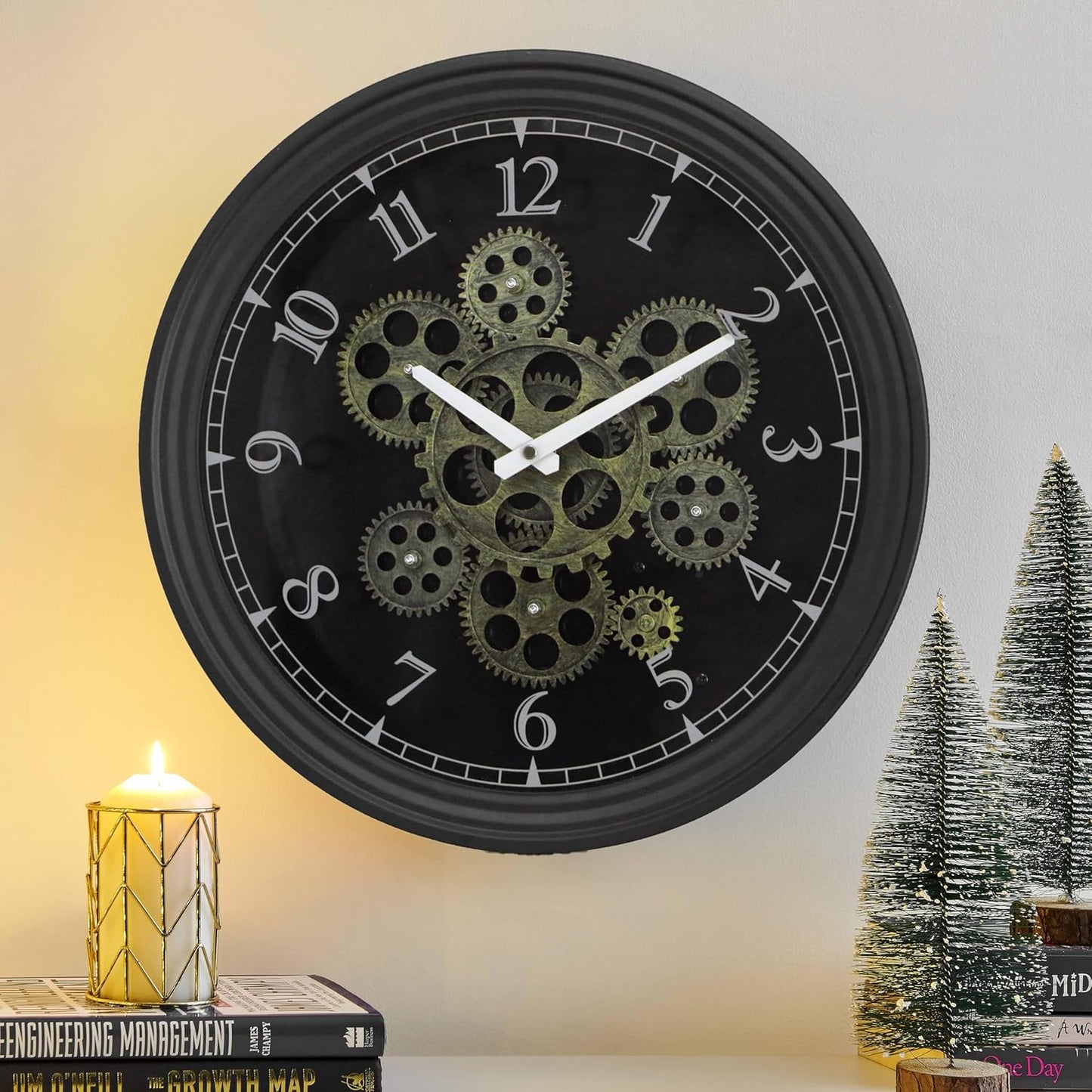 CLXEAST 24 Inch Wall Clock with Moving Gears,Oversized Large Industrial Steampunk Clock, Antique Gold Metal Roman Numeral Wall Clocks for Farmhouse Living Room Decor