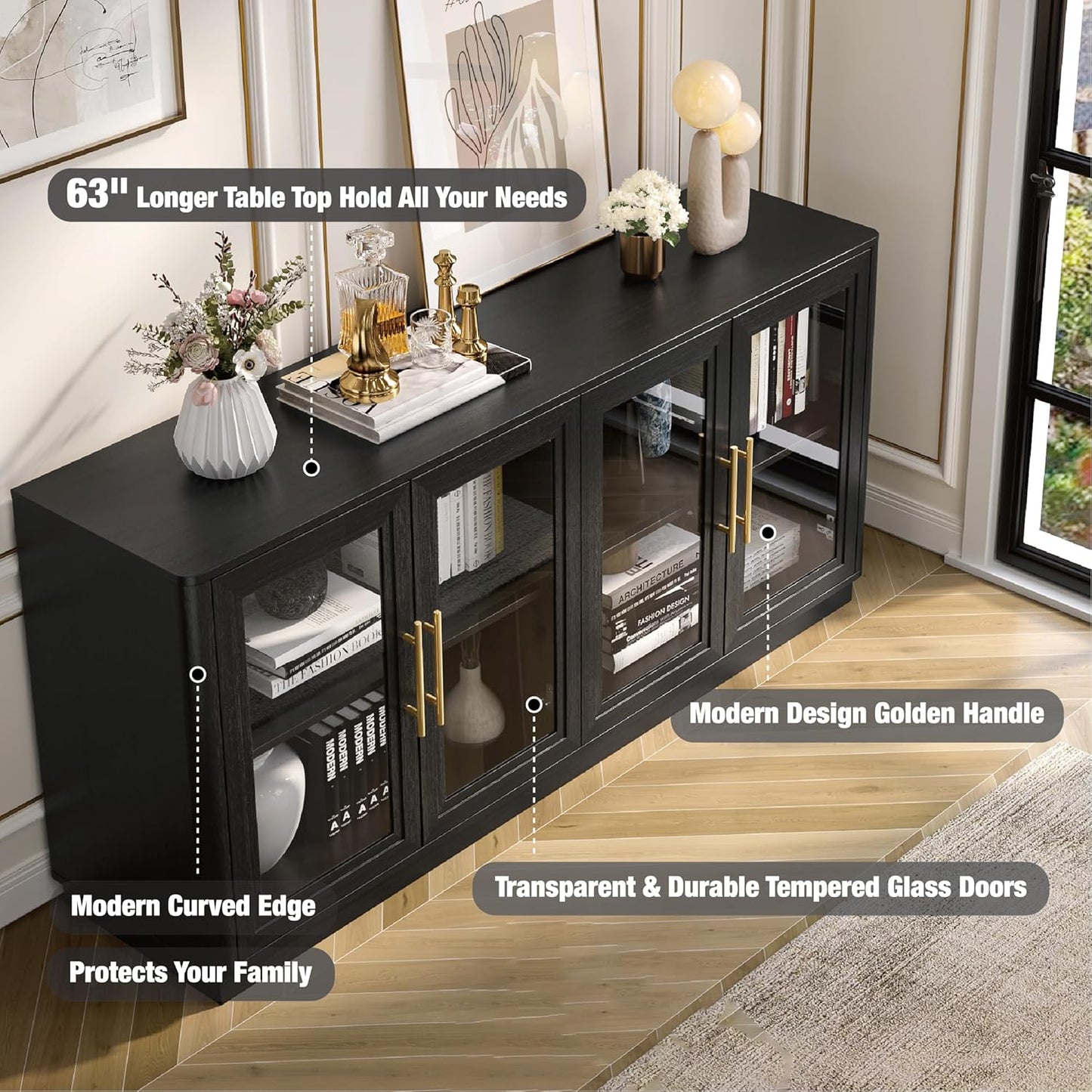 Buffet Cabinet with Storage,63" Large Dining Room Furniture Sideboard Buffet Table with 4 Glass Doors, Glass Display Cabinet,for Kitchen,Modern, Black