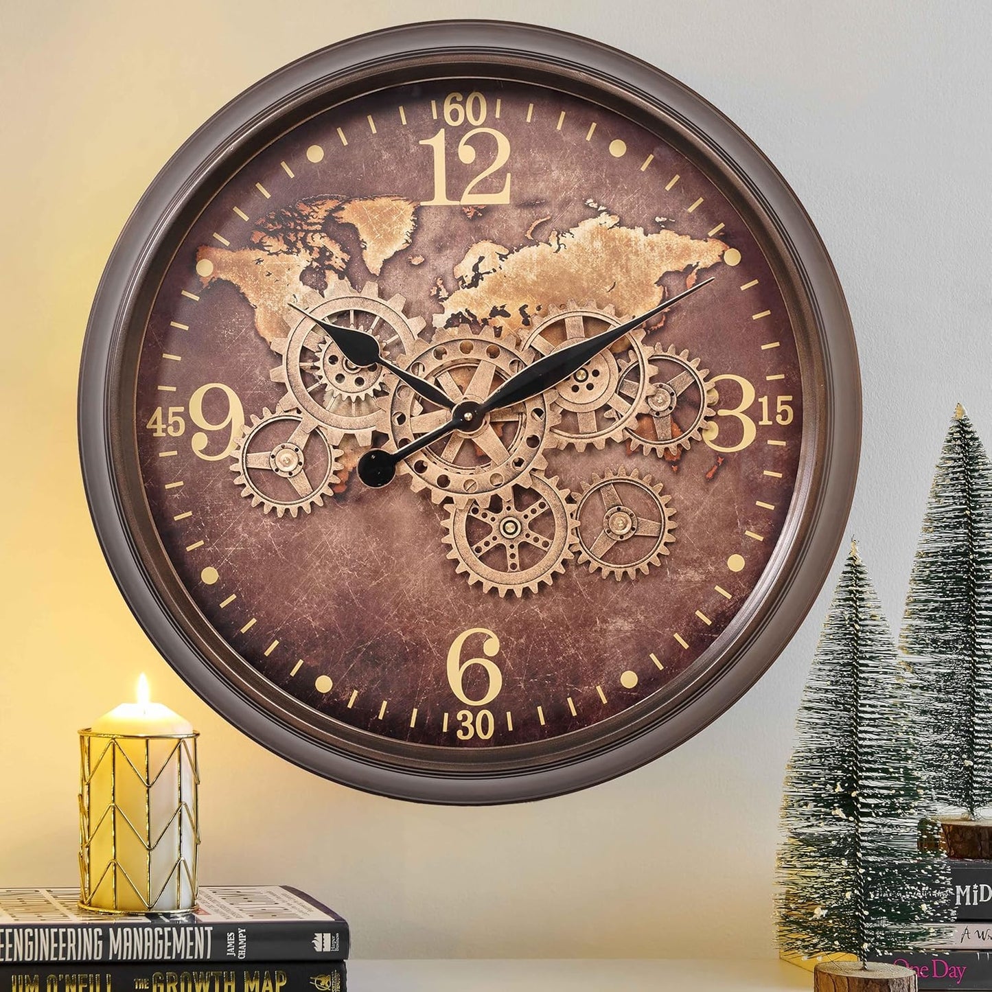 CLXEAST 24 Inch Wall Clock with Moving Gears,Oversized Large Industrial Steampunk Clock, Antique Gold Metal Roman Numeral Wall Clocks for Farmhouse Living Room Decor