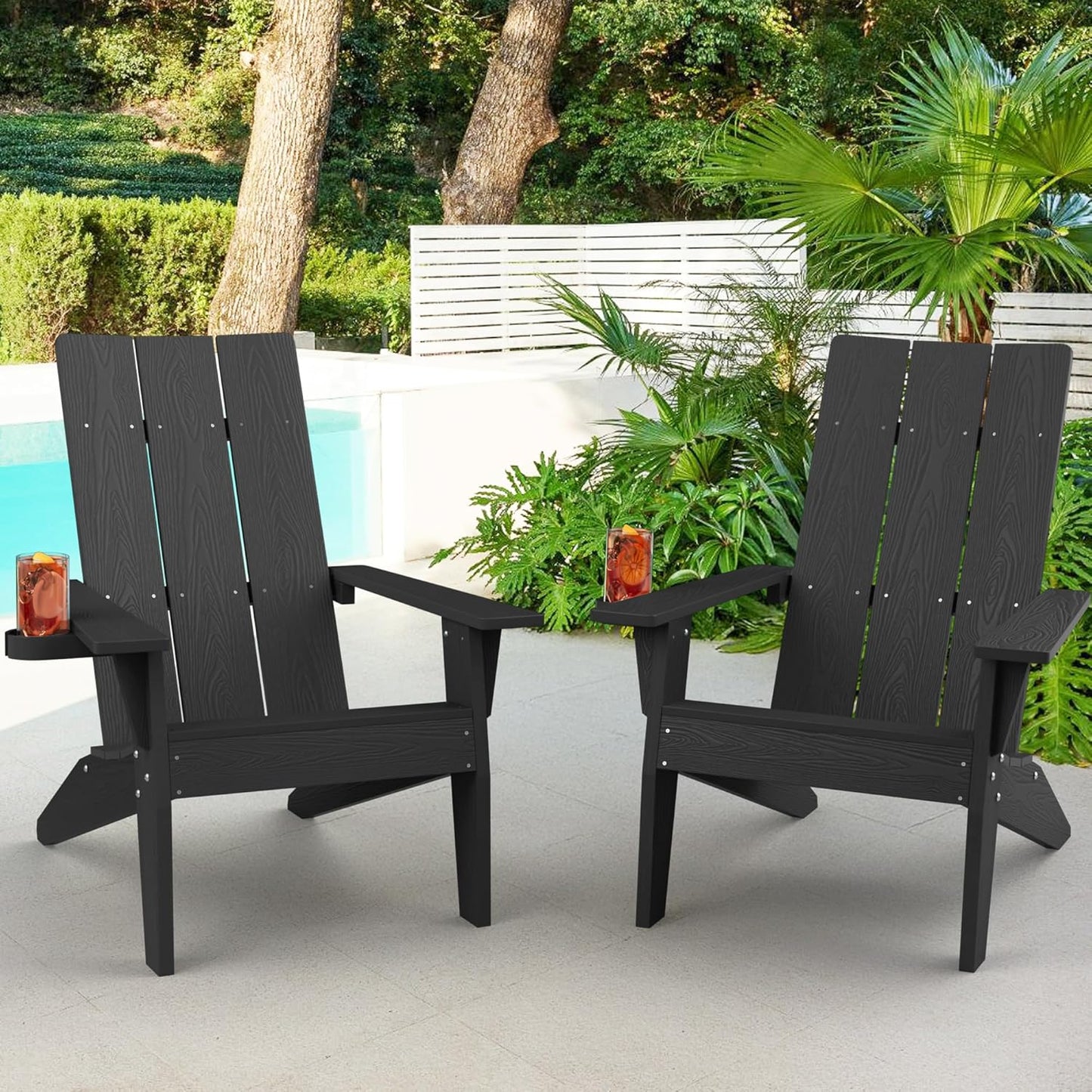 MXIMU Modern Adirondack Chairs Set of 4 Weather Resistant with Cup Holder Oversize Plastic Fire Pit Chairs Plastic Outdoor Chairs for Firepit Area Seating (Black)